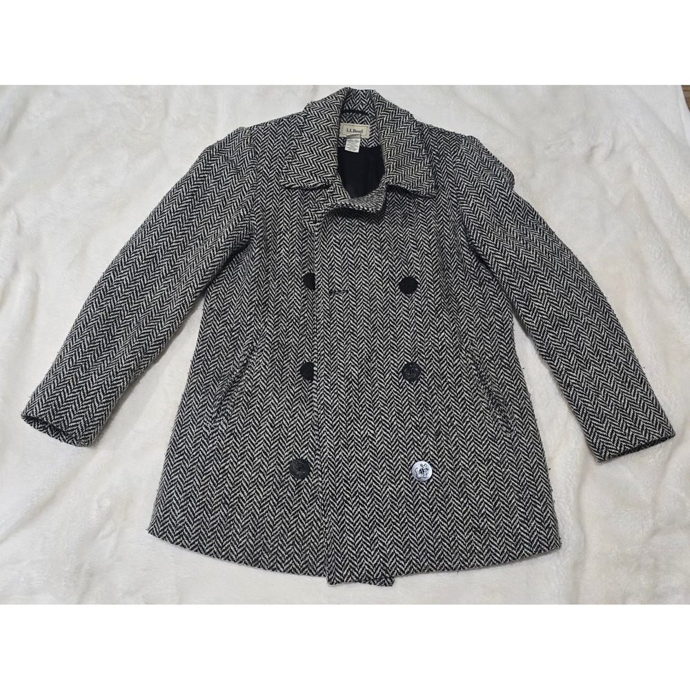 LL‎ Bean Women's Petite Double Breasted Herringbone Wool Blend Coat Size 6
